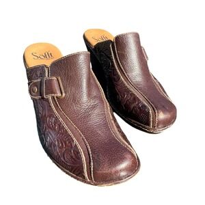 Söfft Tooled Brown‎ Leather Slip-On Heeled Mules Women's 7
